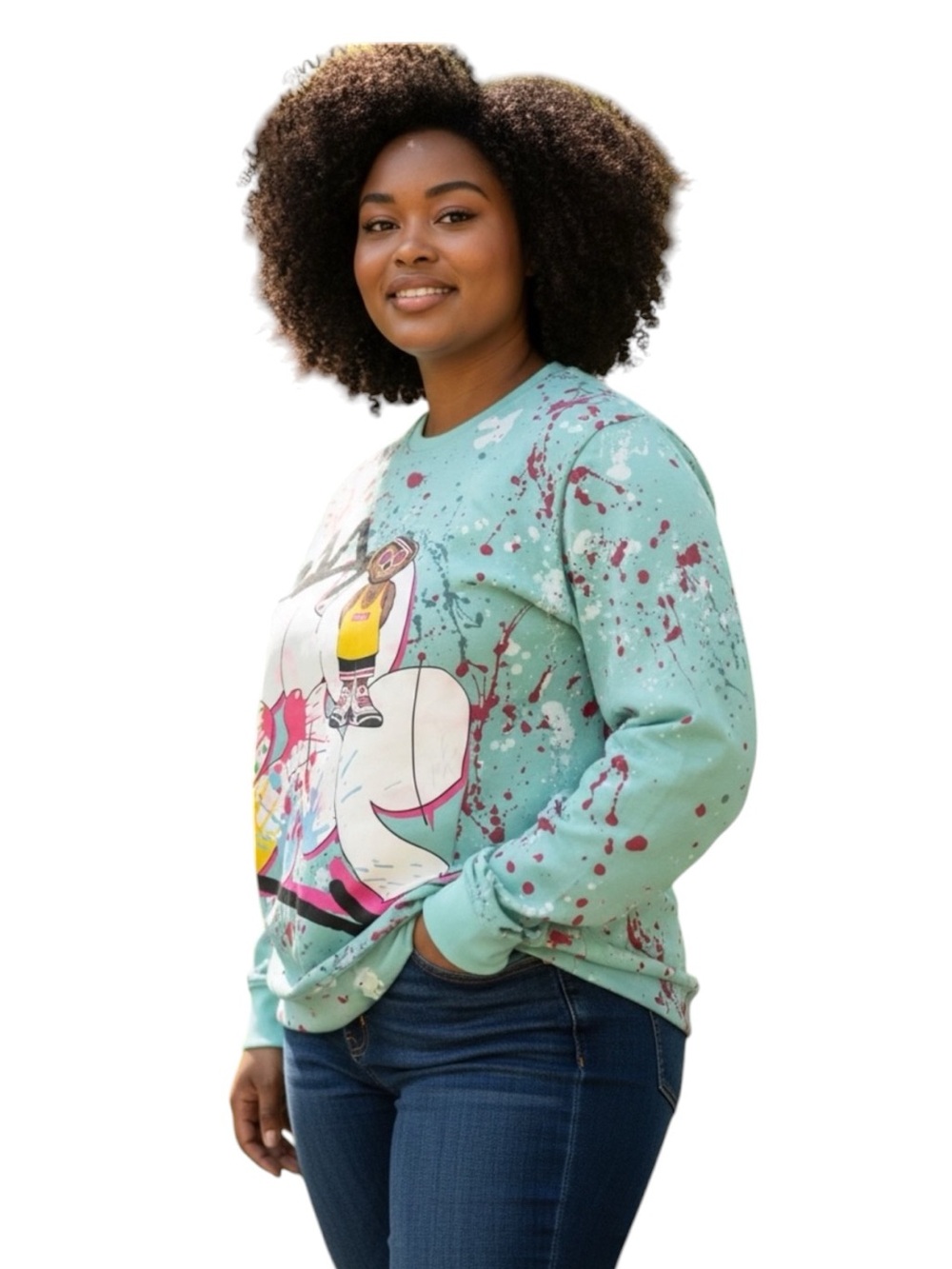 LAUNDER Woman’s/Unisex Graphic Crewneck Long Sleeve Tee w/Paint Splatter & Bear